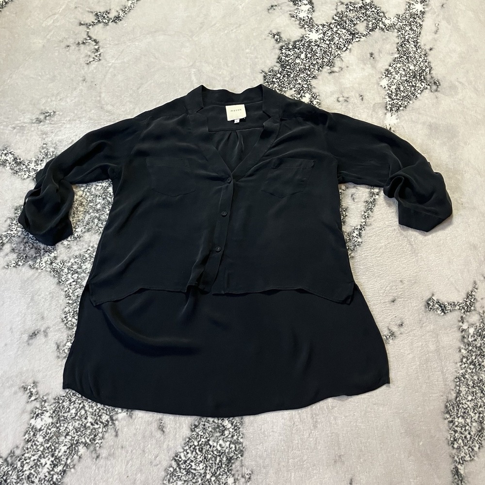 Mason Shirt Womens Size 6 Silk Black‎ High Low Blouse Roll Tab Sleeve Basic